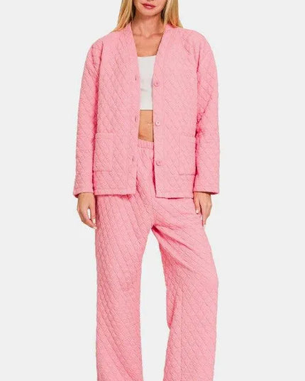 Zenana Quilted Button Up Long Sleeve Top and Pants Lounge Set