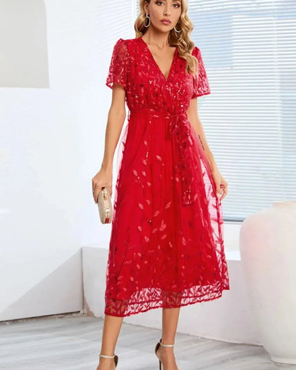 Sequin Leaf Embroidery Tie Front Short Sleeve Dress