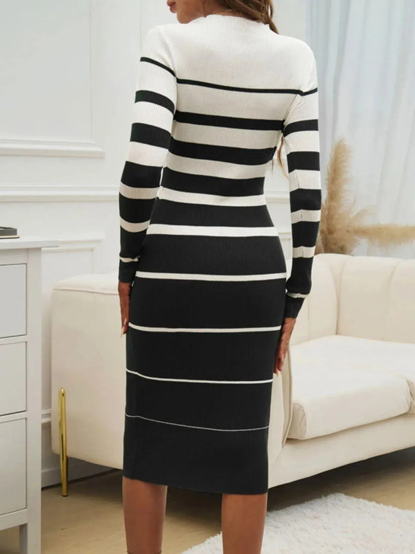 Devine Color Block Round Neck Long Sleeve Midi Dress - ShopEasier