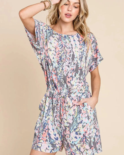 BOMBOM Printed Short Sleeve Drawstring Romper - ShopEasier