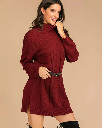 Perfee Slit Turtleneck Long Sleeve Mini Sweater Dress