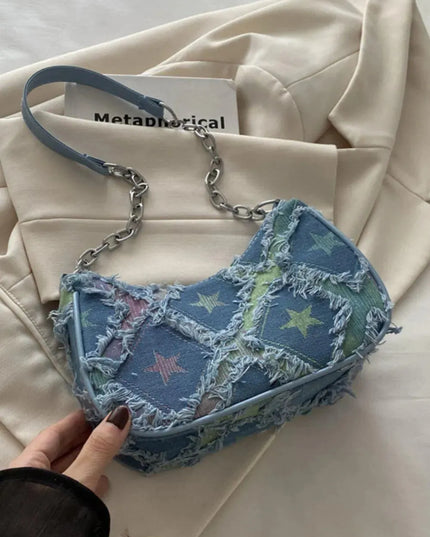 Bolso de hombro con estampado de estrellas y flecos