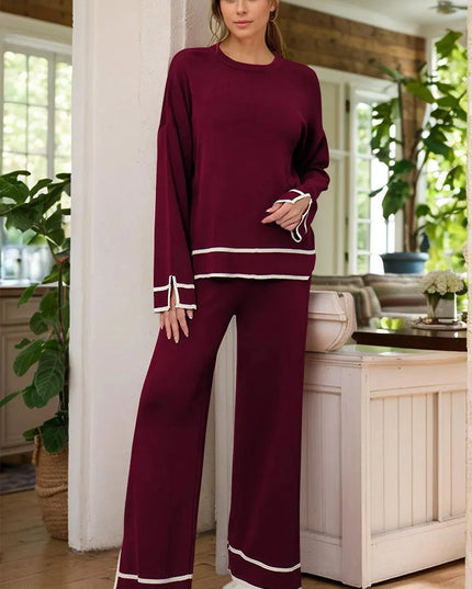 Cozy High-Low Sweater Set with Round Neck and Pants