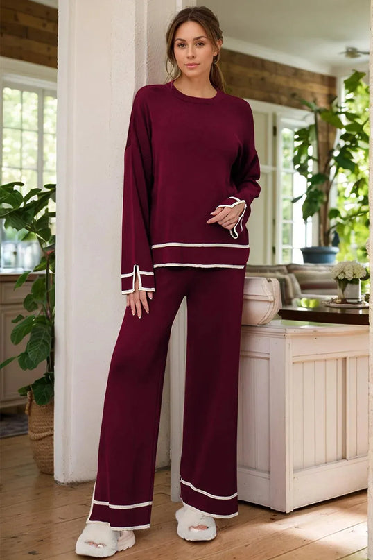 Cozy High-Low Sweater Set with Round Neck and Pants