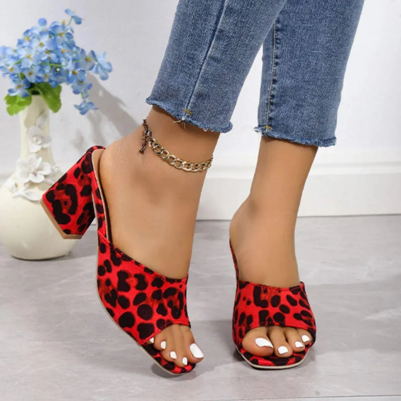 Leopard Print Suede Mid Heel Sandals