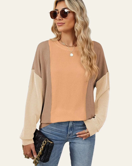 Textured Contrast Long Sleeve Round Neck Tee