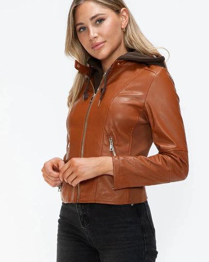 Snobbish Faux Leather Zip Up Drawstring Hooded Jacket - ShopEasier