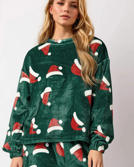 Christmas Hat Pattern Round Neck Long Sleeve Top and Pants Set