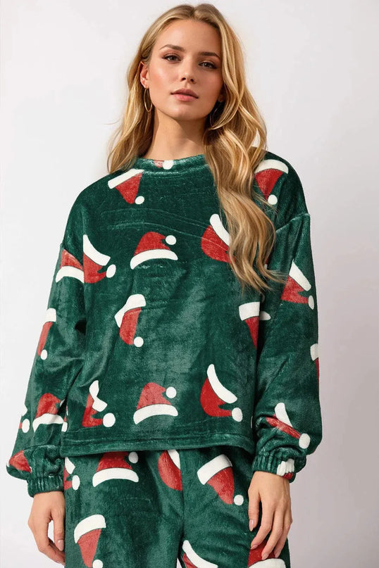 Christmas Hat Pattern Round Neck Long Sleeve Top and Pants Set