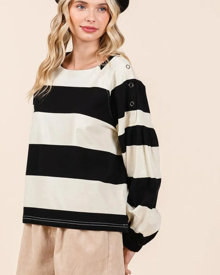 Chic Striped Long Sleeve T-Shirt with Snap Shoulder Detail