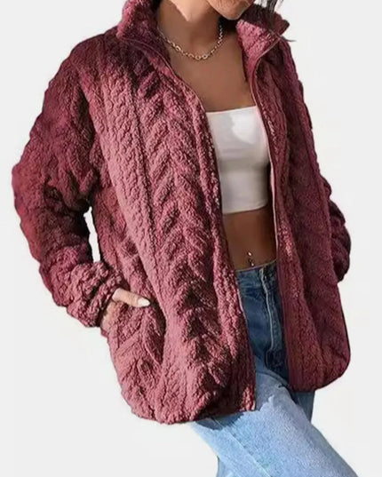 Fuzzy Zip Up Long Sleeve Jacket - ShopEasier