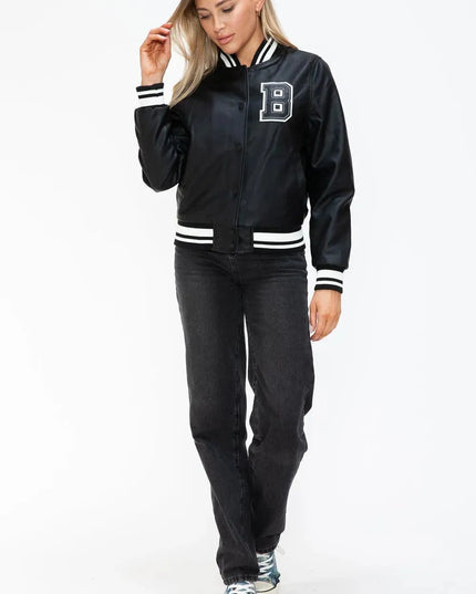 Love Me Now PU Leather Contrast Snap Down Bomber Jacket - ShopEasier