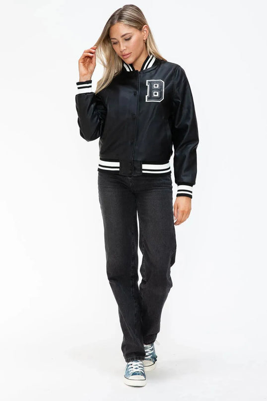 Love Me Now PU Leather Contrast Snap Down Bomber Jacket - ShopEasier