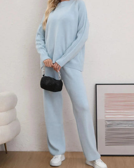 Mock Neck Long Sleeve Top and Pants Sweater Set - ShopEasier