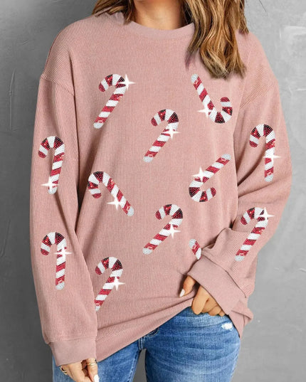 Sequin Candy Cane Round Neck Sweatshirt