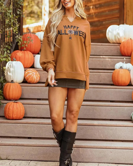 Sequin Letter Graphic Notched Long Sleeve Sweatshirt - ShopEasier