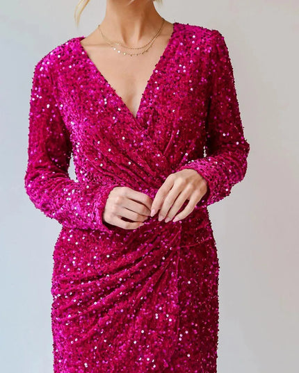 Sequin Surplice Long Sleeve Mini Dress