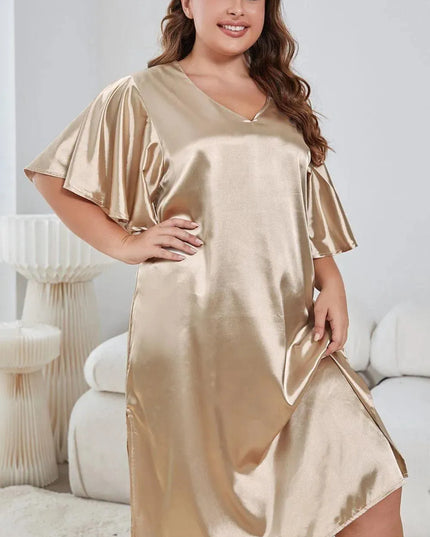 Plus Size Flutter Sleeve V-Neck Side Slit Night Gown