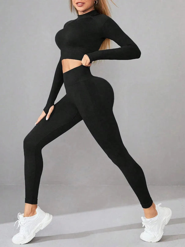 Mock Neck Long Sleeve Top and Leggings Active Set - ShopEasier