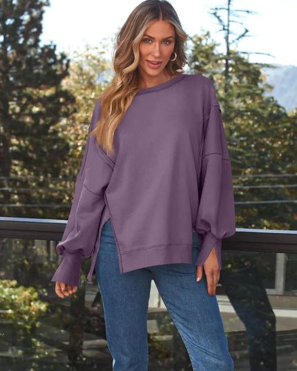 Slit Round Neck Long Sleeve Sweatshirt - ShopEasier