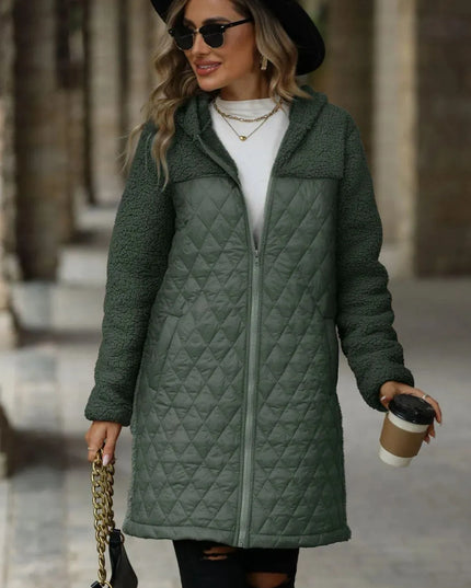 Textured Hooded Zip-Up Coat with Long Sleeves