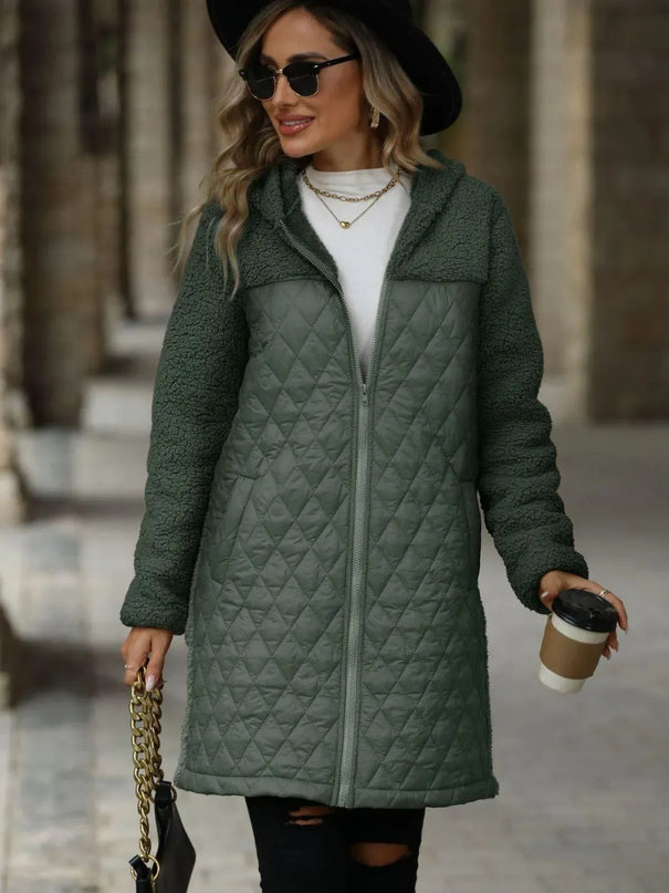 Textured Hooded Zip-Up Coat with Long Sleeves