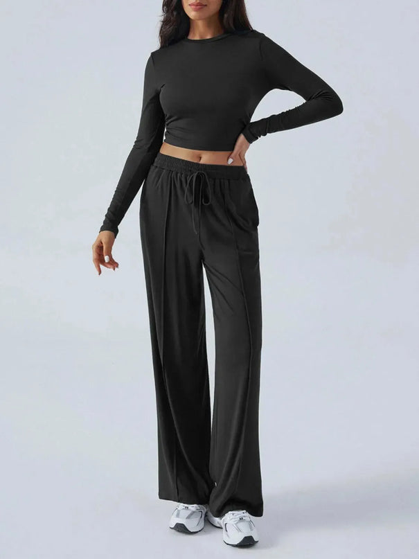 Chic Tied Long Sleeve Top and Pants Set with Pockets