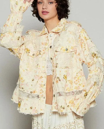 POL Raw Hem Lace Patch Flounce Sleeve Jacket - ShopEasier