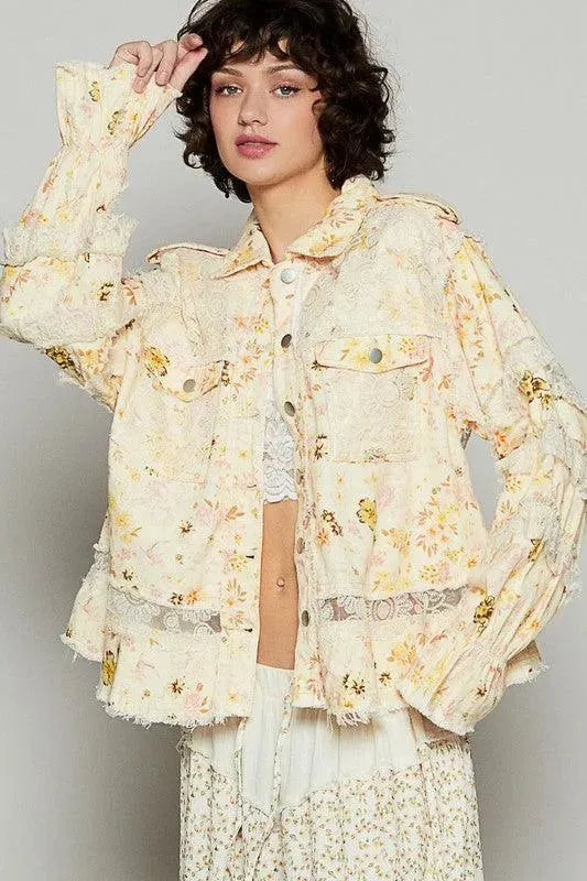 POL Raw Hem Lace Patch Flounce Sleeve Jacket - ShopEasier