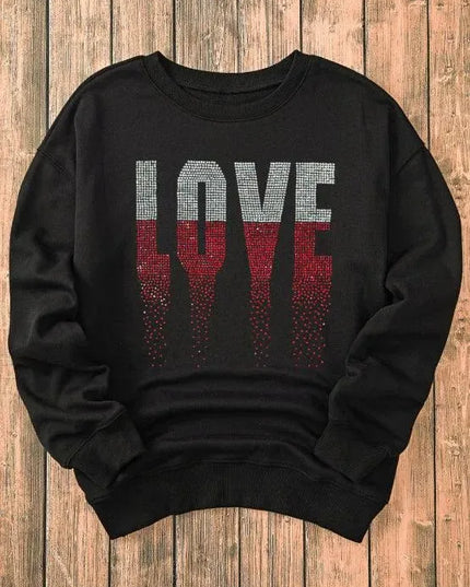 Sudadera de manga larga con gráfico LOVE y adornos de diamantes de imitación