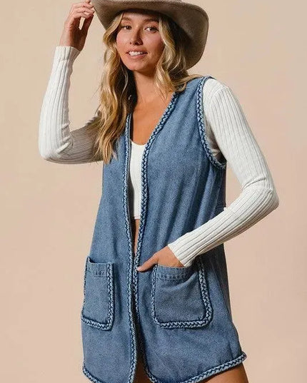 BiBi Braided Trim Open Front Denim Vest with Pockets - ShopEasier