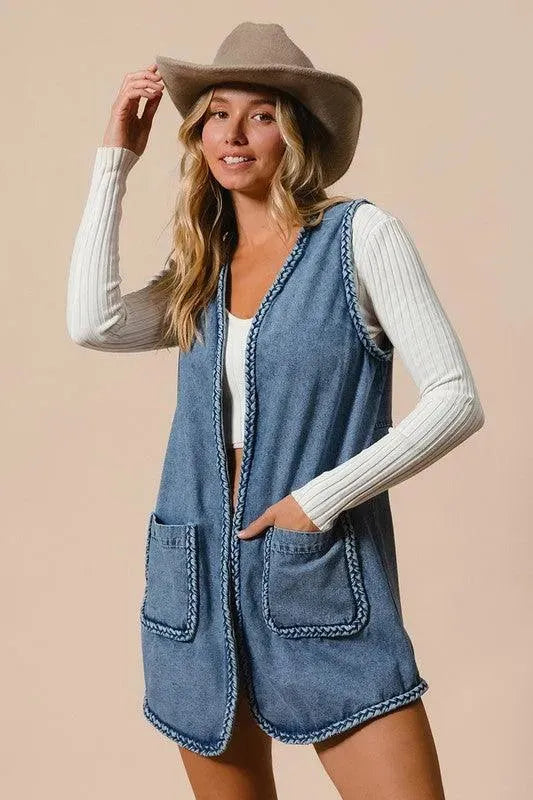 BiBi Braided Trim Open Front Denim Vest with Pockets - ShopEasier