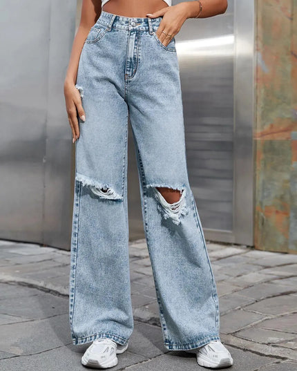 Distressed Wide Leg Jeans with Pockets - ShopEasier