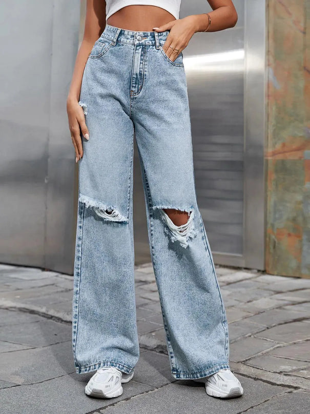 Distressed Wide Leg Jeans with Pockets - ShopEasier