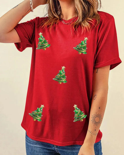 Sequin Christmas Tree Round Neck Short Sleeve T-Shirt - ShopEasier