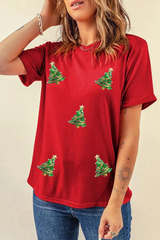 Sequin Christmas Tree Round Neck Short Sleeve T-Shirt - ShopEasier