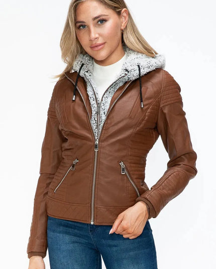 YMI Faux Layered Double-Zipper Jacket with Fuzzy Hood - ShopEasier