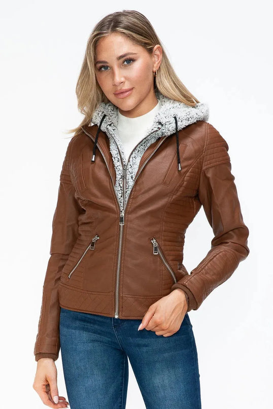 YMI Faux Layered Double-Zipper Jacket with Fuzzy Hood - ShopEasier