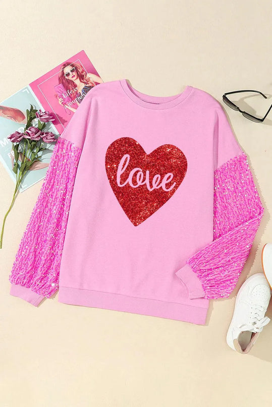 LOVE Heart Sequin Dropped Shoulder Sweatshirt - ShopEasier