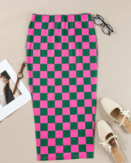 Split Checkered Midi Skirt - ShopEasier