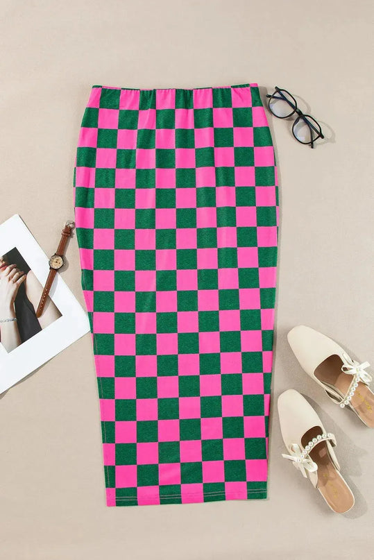 Split Checkered Midi Skirt - ShopEasier