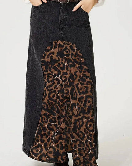 Slit Leopard Midi Denim Skirt - ShopEasier