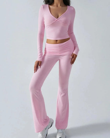 Chic Ruched Long Sleeve Top and Pants Ensemble