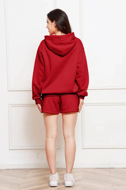 Casual Drop Shoulder Hoodie and Shorts Ensemble