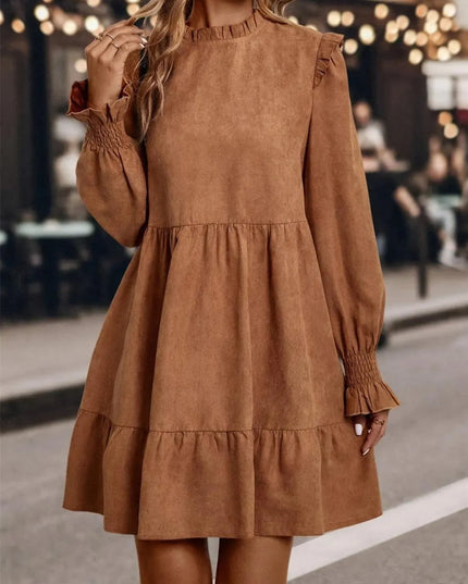 Frill Round Neck Long Sleeve Mini Dress - ShopEasier