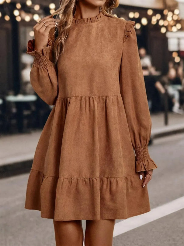 Frill Round Neck Long Sleeve Mini Dress - ShopEasier