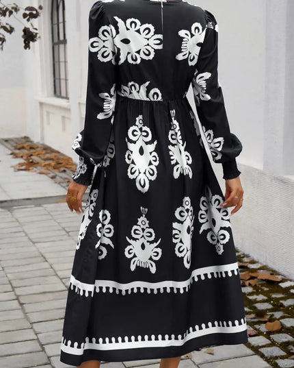 Devine Printed Surplice Lantern Sleeve Midi Dress