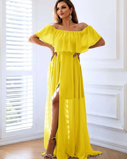 Off-Shoulder Layered Split Maxi Dress