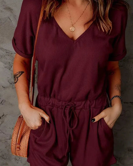 Full Size Drawstring V-Neck Short Sleeve Romper - ShopEasier