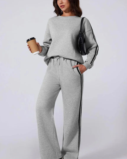 Sporty Side Striped Activewear Set with Round Neck Top and Pants